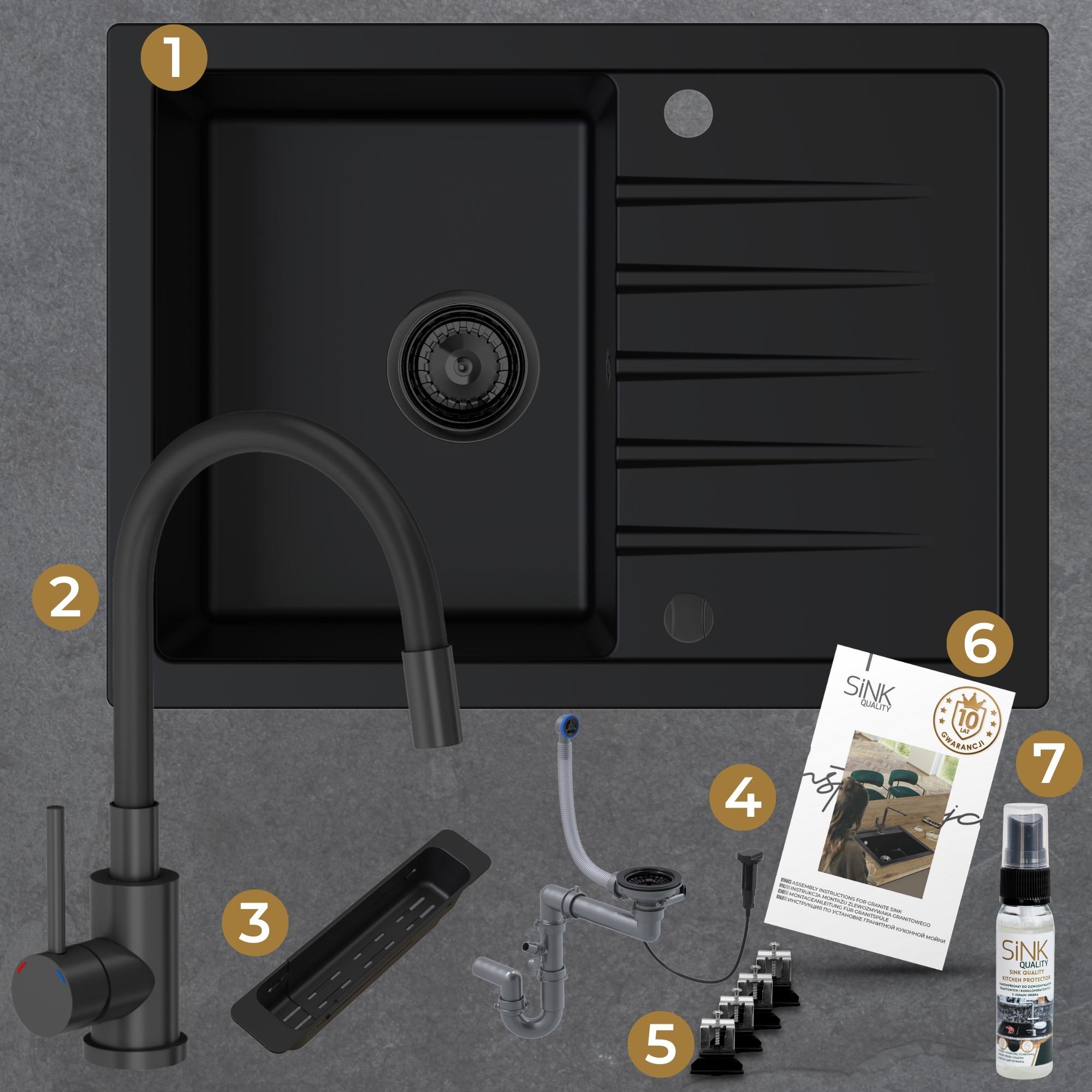 Zestaw gotowy do montażu - zlew, bateria, dozownik, mata, syfon, zaczepy, instrukcja, gwarancja, impregnat